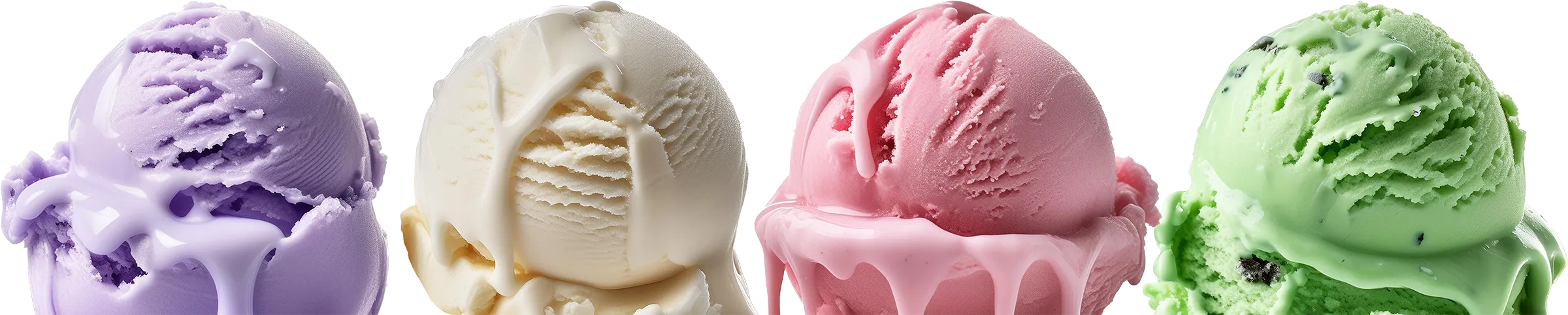Four scoops of melting ice cream in purple, vanilla, pink, and green mint chocolate chip flavors, side by side.