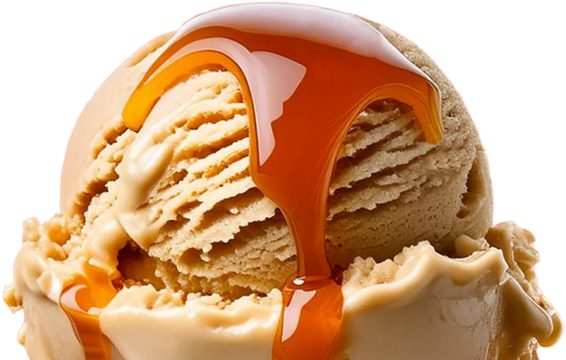 Caramel sauce drizzled over a scoop of creamy caramel ice cream.